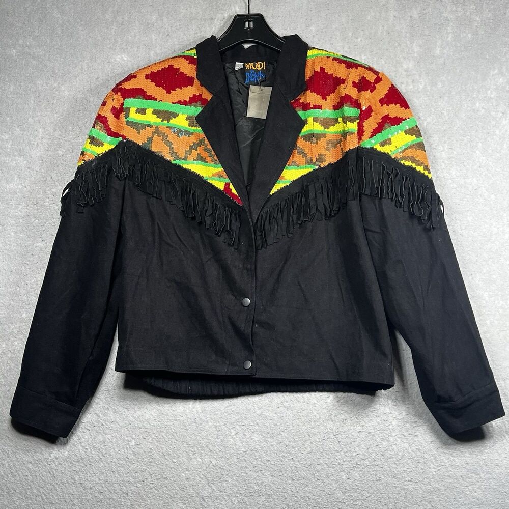 Vintage Modi Denim Jacket Womens L 10-12 Multicolor Abstract Sequin Long Sleeve